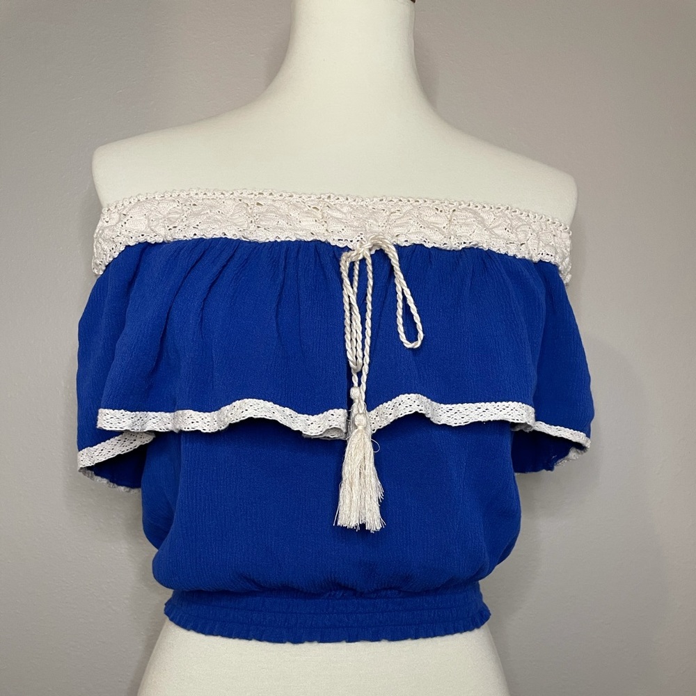 Royal blue off the shoulder top with lace trim